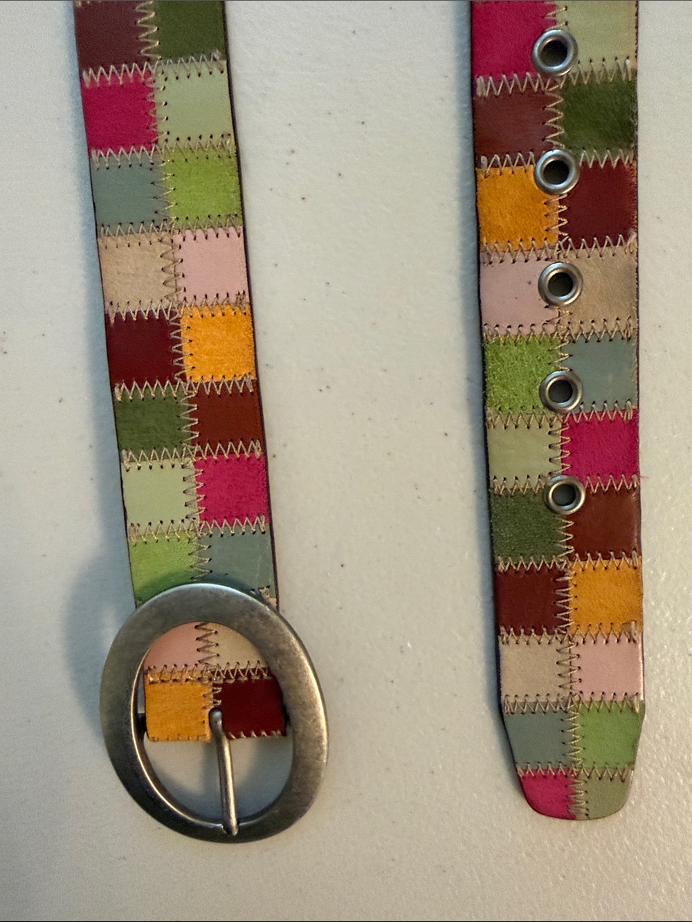 Fossil Multicolor Patchwork Leather Belt with Silver Oval Buckle